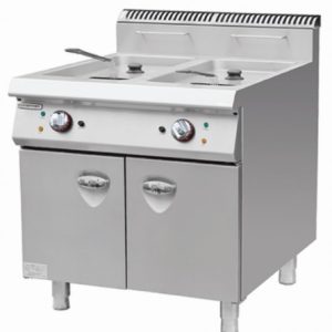 Gas fryer on cabinet.