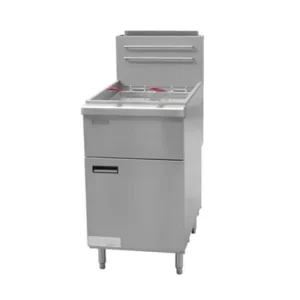 Gas fryer on cabinet.